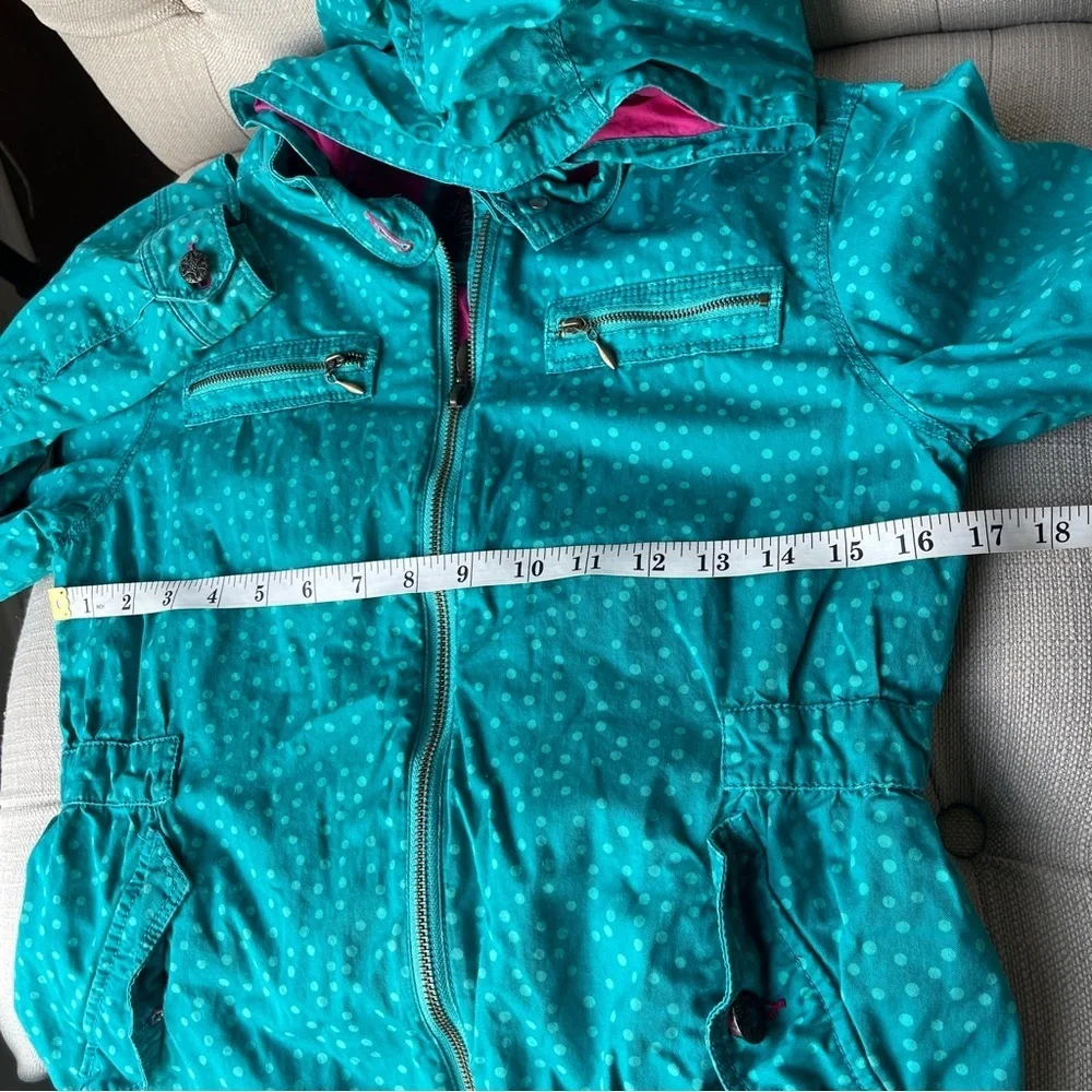 Catimini Jacket Kids size 12 Teal Polka Dot Spring Jacket Pink Hood full zipper